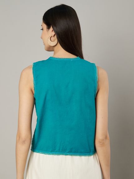 Women Teal blue embroidered shrug with neck tie-up details