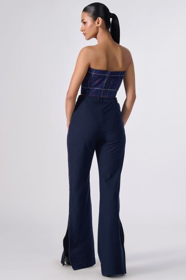 S&N by Shantnu Nikhil Navy Cotton Checkered Printed Corset Top