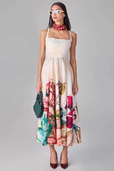 Saaksha & Kinni Ivory Poplin Floral Abstract Printed Midi Dress