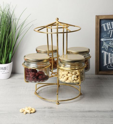 IKIRU Golden Rotating Round Container Stand | Dry Fruit Serving Platter For Kitchen