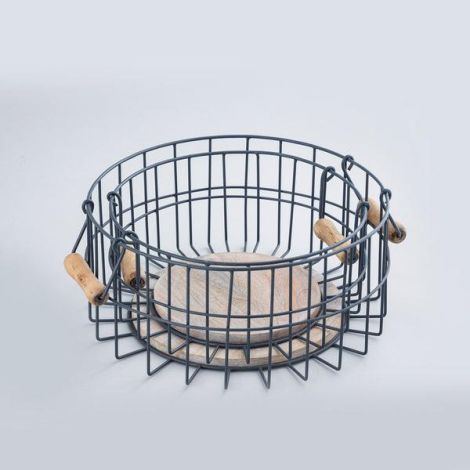 IKIRU Black Iron & Wood Round Baskets With Handle Set Of 2 For Kitchen Storage