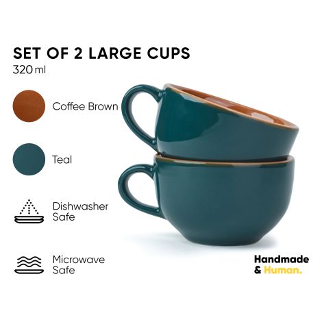 Large Ceramic Coffee Cup Set of 2, Teal Green, 350ml | XL Cuppa Collection