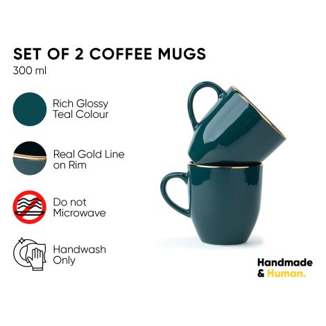 Ceramic Coffee Mug Set, Set of 2, 300ml, Teal Gold | Goldline Collection