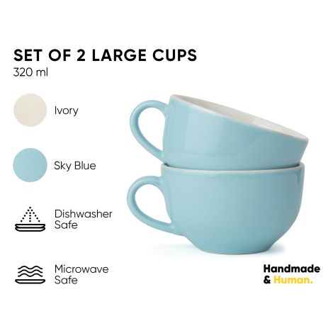 Large Ceramic Coffee Cup Set of 2, Light Blue, 320ml | XL Cuppa Collection