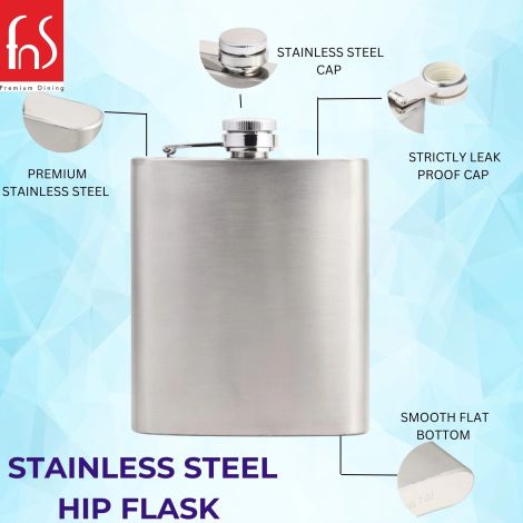 FnS Silver Finish Hip Flask for Liquor Stainless steel Leakproof