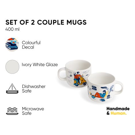 Ceramic Couple Cappuccino Cup, Set of 2, White, 270ml | His & Her Collection