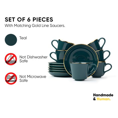 Ceramic Tea Cup Saucer Set, Set of 6, Teal Green with Real Gold Line, 180ml | Goldline Collection