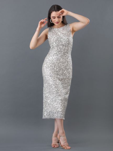 Silver Gleam Sequin Midi Dress