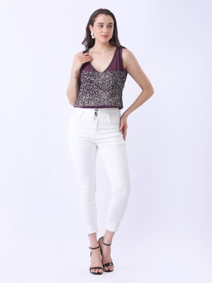 Wine Sequin V-Neck Party Top