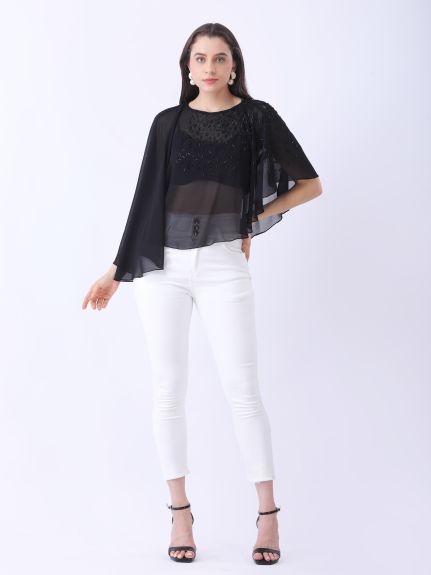 Black Embellished Cape Top