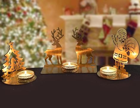 Pride Store Wooden, Paper, Metal, Candle Wax Shadow Tealight Candle Holder For Home Decor, Candle Diya, Christmas, Festival Decoration 3.5 Hour Burning Time Deer Tree Santa Tealight Candle Pack Of 3