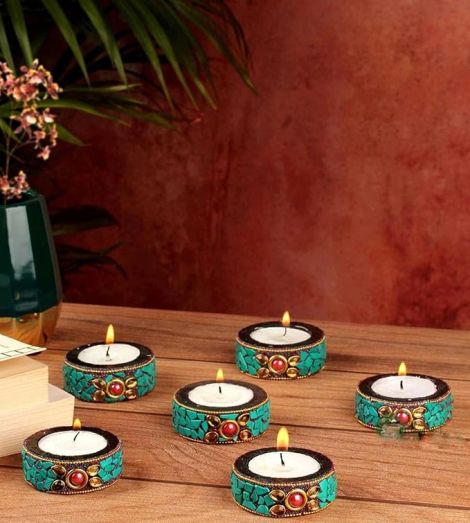 SEVLIYA TRADERS Wooden Stone Work Candle for Home Décor Set of 6 Handcrafted Diwali Diya Decorative Showpieces Reusable Tealight Candle Holder for Living Room Dining Area Gifts Item (Green)