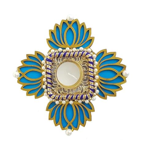 Gift Jaipur Diwali Decorative Blue Lotus Diya MDF Rangoli Handmade Tea Light Candle Holder Designer Diyas - for Home Temple Floor Rangoli Decoration Pooja Festival New Year durgapuja aarti