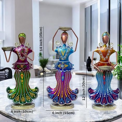 Kraftskala Metal Tealight Candle Holder Dolls Set - Multicolor Home Decor Showpiece Figurines, Tabletop Candle Stand for Living Room, Diwali Gifts, Anniversary Presents (3 Dolls)