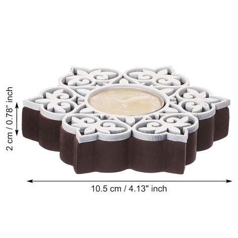 eCraftIndia Set of 2 White Brown Wooden Floral Printing Block Decorative Tea Light Candle Holders, Diya Stands - Tea Light Holders - Christmas Diwali Decoration Items for Home Decor