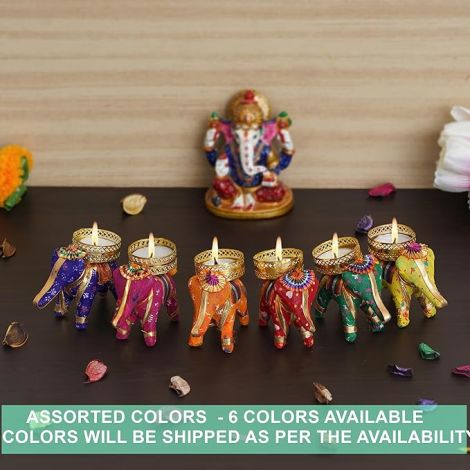 Dreamica Set of 12 Elephant Tealight Candle Holders with White Tealight Candles – Traditional Decorative Tea Light Holder Set for Diwali, Puja, Festive Home Decoration & Gifting