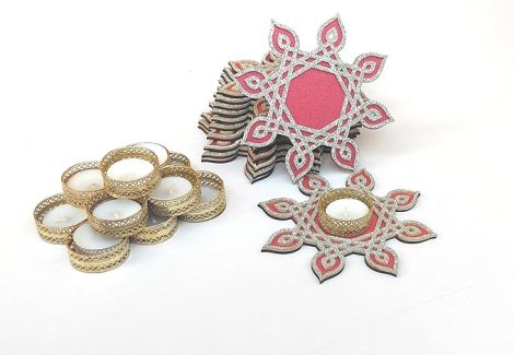 Kolam border/Muggu Pattern Diya Holder with Tea Light Candle/Diya and Golden Candel/Diya Holder. Designer Artistic Rangoli Borders For All Events From Festival, Wedding, Pooja Decoration. (6)