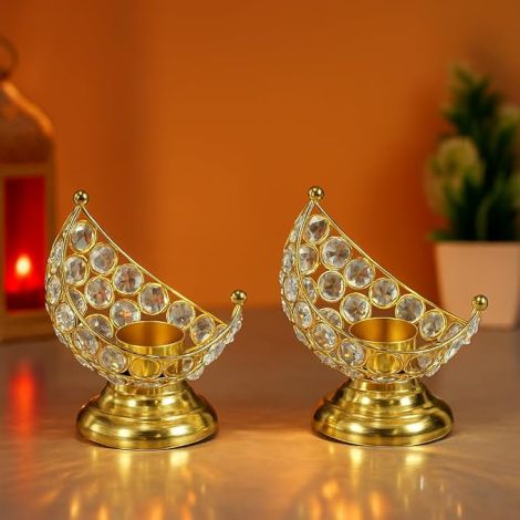 CentraLit Crystal Moon Tealight Candle Holder for Home Decor | Diwali Decoration Items | Decorative Tea Light Holder | Golden Candle Stand for Pooja Room | Return Gifts for Diwali | Set of 2 Diyas