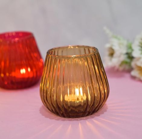 OGGN Glass Mosaic Tealight Candle Holder Set/T-Light Holder for Diwali Decoration Items, Brown (Pack of 4)