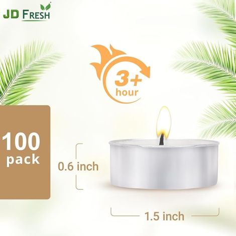 JD Fresh 100 Pieces Tealight Candles for Diwali/Smokeless & Dripless Candle/3-Hour Long Burning Time Each/Paraffin Wax Unscented Tealight Candles for Home/Wedding/Home Decor/Emergencies (Multicolor)