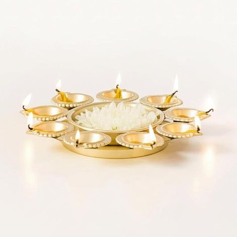 TEARS CRAFTS Metal Diya Urli Bowl Set – Pack of 3 | 10 Inch Hammered Golden Bowls with 10 Kuber Diyas Each | Traditional Decorative Set for Diwali, Pooja, Festive & Home Decoration