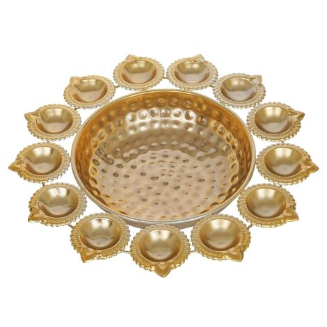 Samy Collectibles Handcrafted Golden Iron Diya Urli 12 Inches Big Size Ram Mandir Decoration Essential - Flower-Shaped Decorative Bowl for Floating Flowers and Tea Light Candles