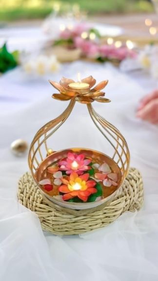 R.K EXPORTS Diya Shape Flower Decorative Urli Bowl/Handcrafted Bowl for Floating Flowers and Tea Light Candles Home,Office and Table Decor| Diwali Decoration Items for Home T-Light, Gold