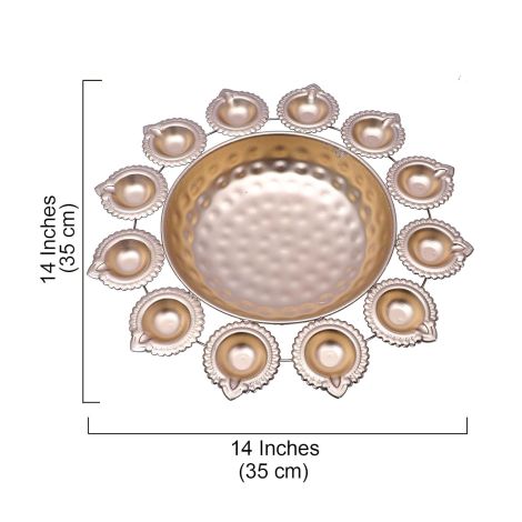 Two Moustaches Flower Design Decor Urli Bowl with 12 Diyas, Urli for Home Decor, Urli for Flower Decoration, Housewarming Gifts, Diwali Decoration Bowl, Golden, Pack of 1