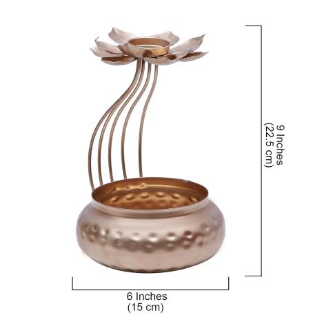 Two Moustaches 9 Inches Lotus Diya Over Urli Bowl Showpiece, Urli Bowl for Home Decor, Tealight Candle Holder for Diwali, Diwali Gift Items, Housewarming Gifts, Golden, Pack of 1