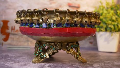 Two Moustaches Gemstone Work Brass 8 Inches Urli Bowl on Ethnic Carved Legs for Home Decor, Material - Brass, Standard, Pack of 1, 1 L