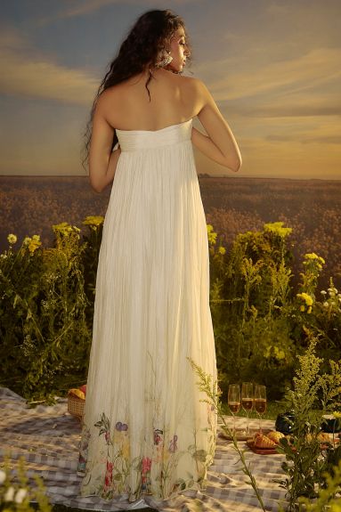 Nirmooha White Chiffon Floral Printed Ruched Gown