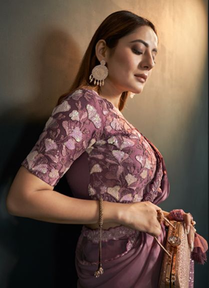 Dusty Pink Silk Satin Crepe Embroidered Ready to wear saree with stitched blouse