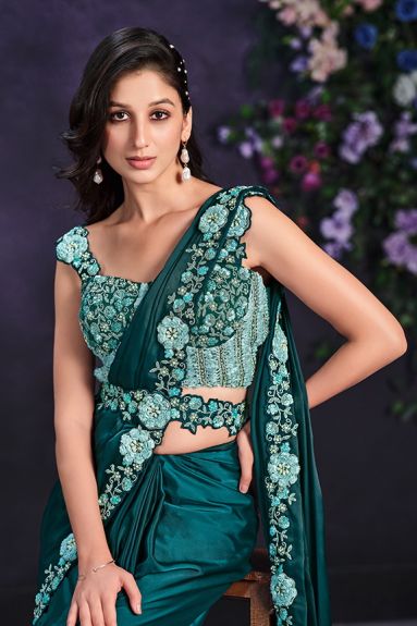 Sea Green Crape Satin Silk Embroidered Ready to Wear Saree with Stitched Blouse
