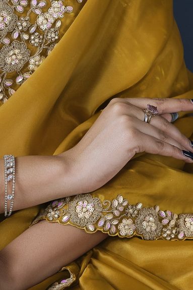 Mustard Crepe satin silk Daimond with Pure Handwork Saree with Unstitched Blouse