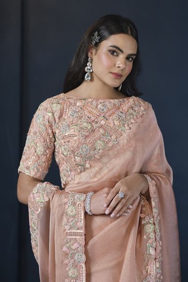 Peach Glace Tissue Sequins with Moti work Saree with Unstitched Blouse
