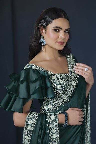 Teal Crepe satin silk Sequins with Pure Handwork Saree with Unstitched Blouse