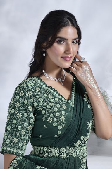 Green Two Tone Satin Silk Designer Ready to wear saree with Stitched Blouse.