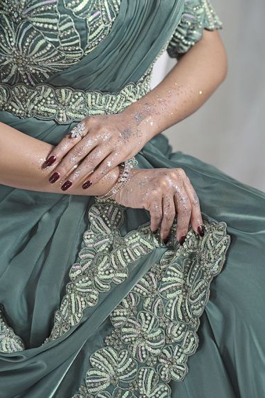 Aqua Blue Crepe Satin Silk Designer Ready to wear saree with Stitched Blouse.