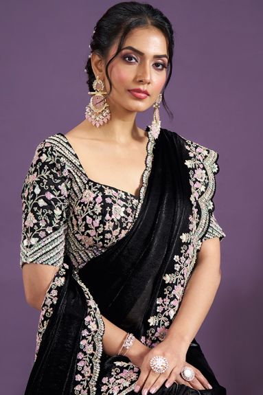 Black Two Tone Satin Silk Hand Work Designer Saree with Unstitched Blouse