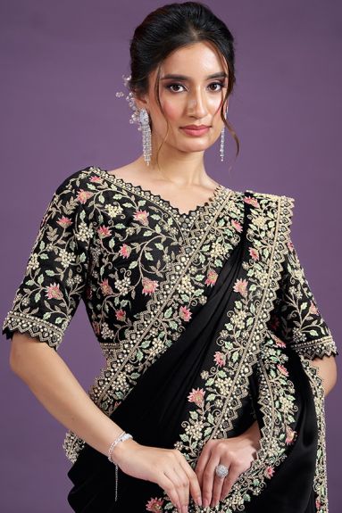 Black Satin Silk Moti Work Designer Saree with Unstitched Blouse