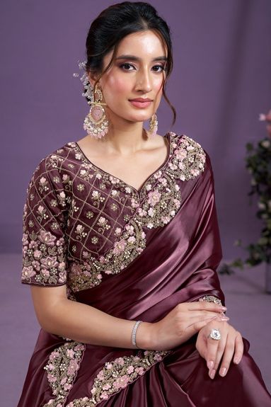 Wine Crepe Satin Silk Crush Hand Work Designer Saree with Unstitched Blouse