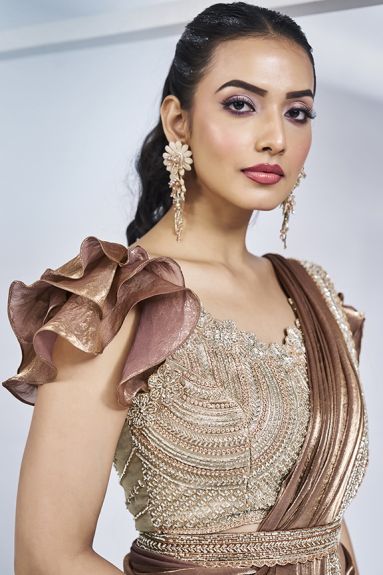 Brown Two Tone Satin Silk Pure Handwork Ready to wear Saree with Stitched Blouse