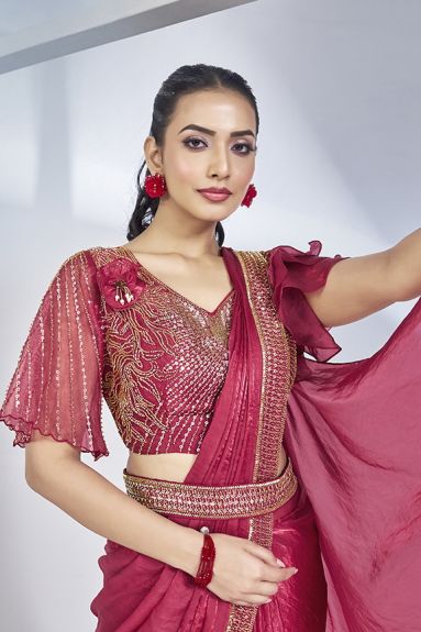 Pink Two Tone Satin Silk Pure Handwork Ready to wear Saree with Stitched Blouse