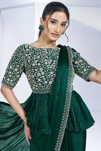 Green Shimmer Chiffon Pure Handwork Ready to wear Saree with Stitched Blouse