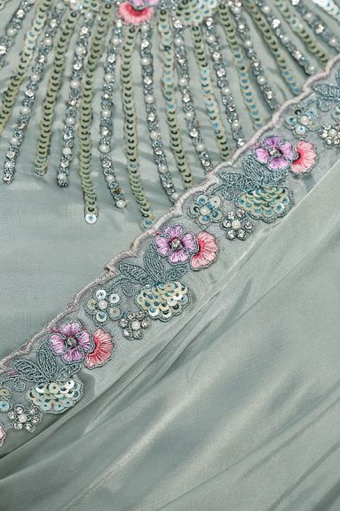 Sea Green Crepe Satin Silk Handwork Saree with Unstitched Blouse