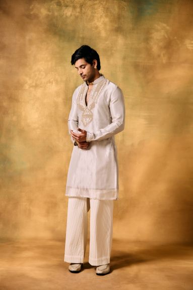 Ivory Elegance Tissue Kurta Pant Set for Men