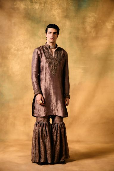 Desert Glow Tan Tissue Kurta Sharara Set