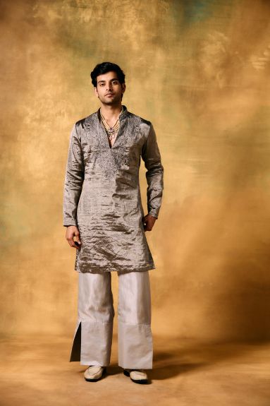 Silver Mist Tissue Kurta Set for Men
