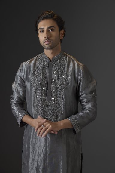 Gunmetal Grey Crushed Embriodered Tissue Kurta Set