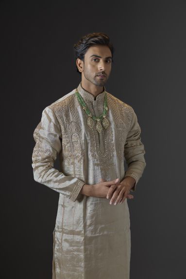 Antique Gold Embroidered Tissue Kurta Set